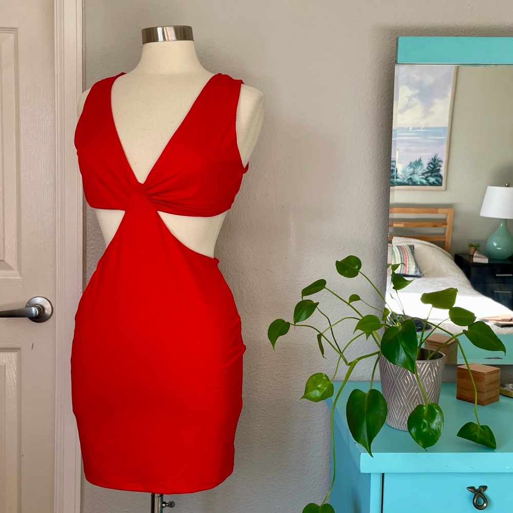Fashion Nova Red Plunge Neck Sleeveless Bodycon Dress NWT New Minidress XL
